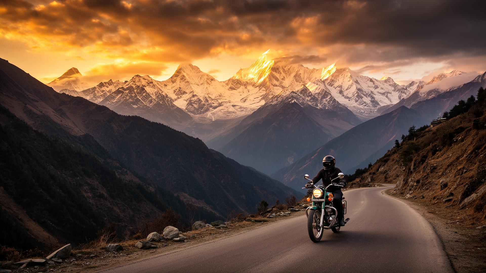 Royal Enfield rider on a Munsiyari mountain road with Panchachuli peaks at sunrise